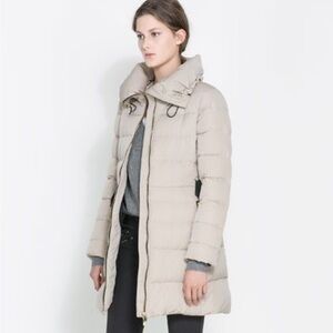 Zara Beige Puffer Coat with Black and Gold Details